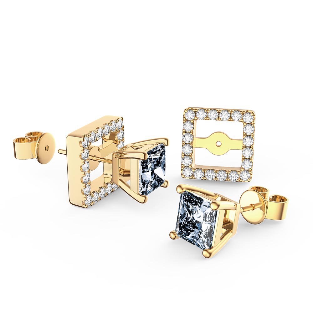 Charisma Princess Aquamarine and Diamond 18ct Yellow Gold Stud Earrings Halo Jacket Set