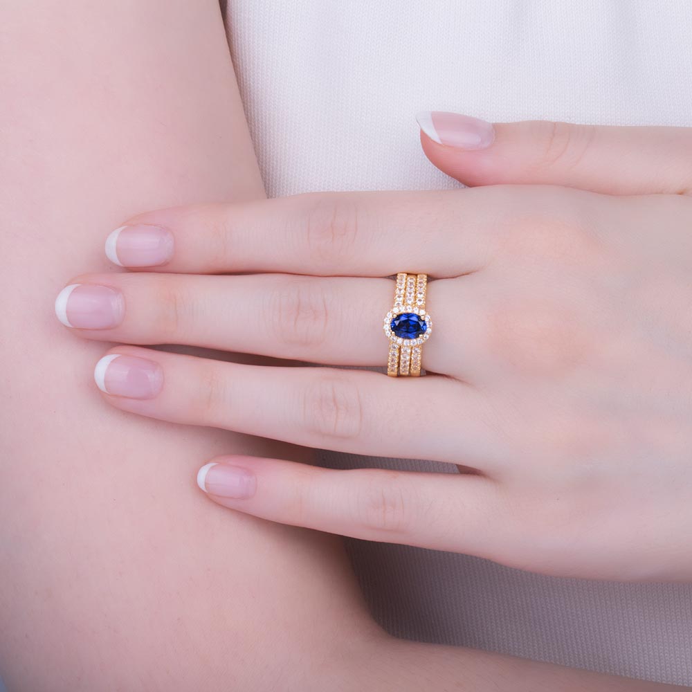 Eternity Oval Sapphire Halo and Half Eternity 9ct Yellow Gold Proposal Ring Set #4