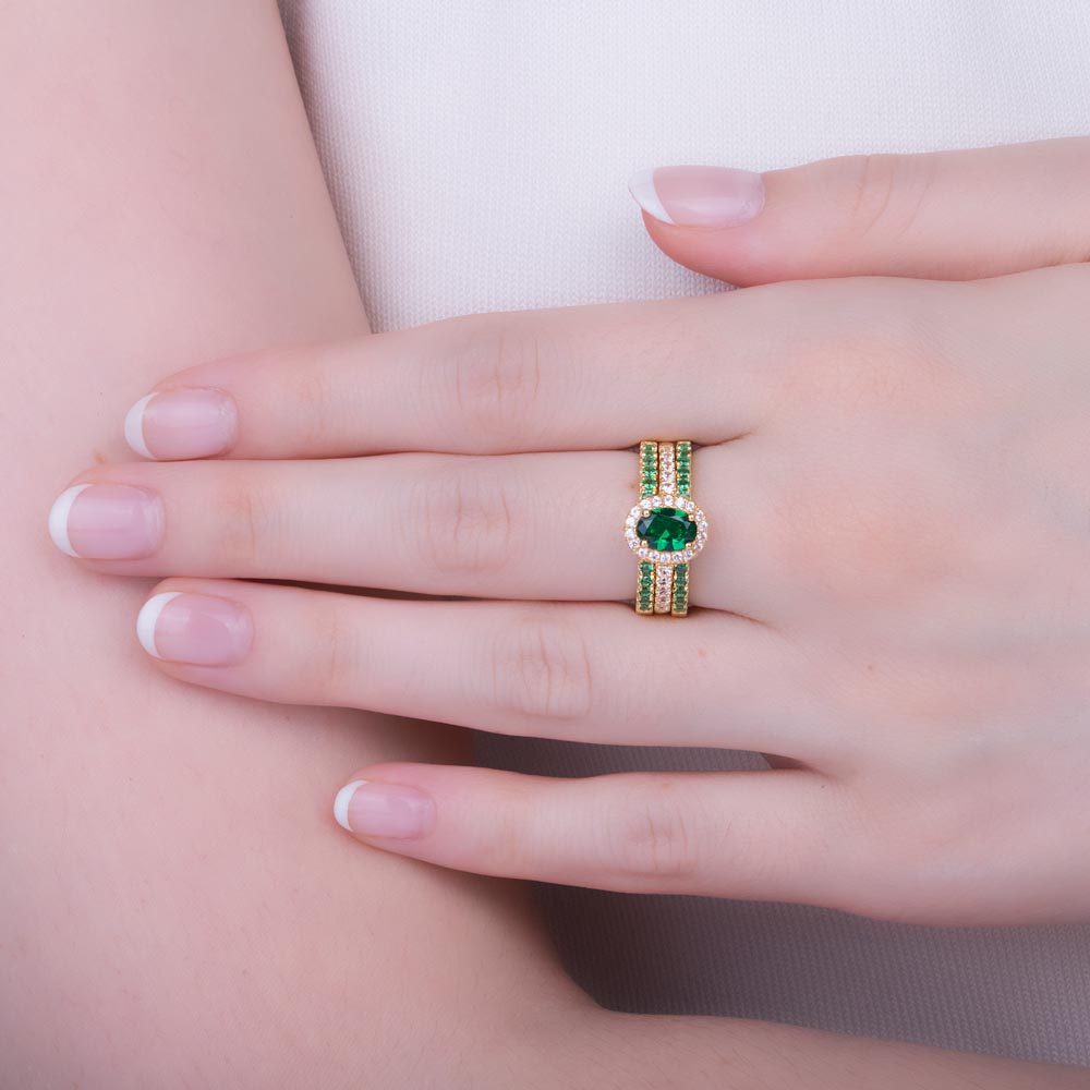 Eternity Emerald Oval Halo 9ct Yellow Gold Engagement Ring Set 2E #4