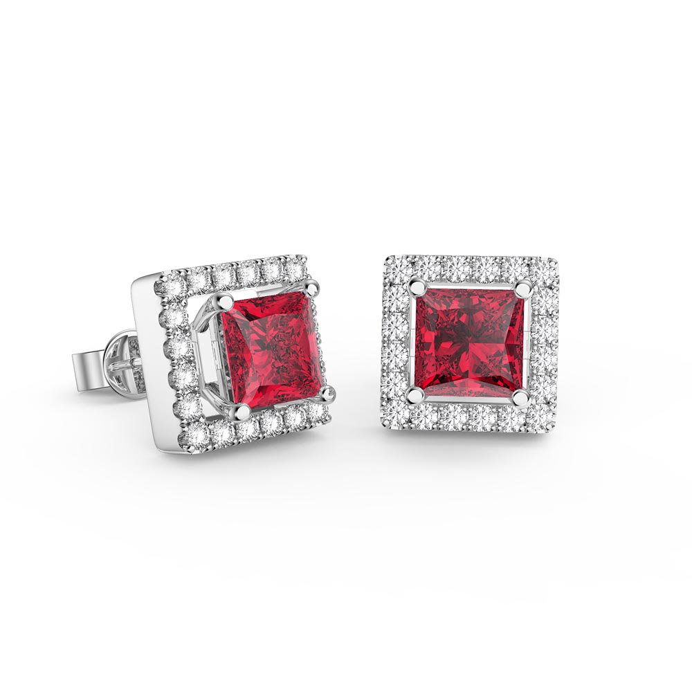 Charisma Princess Ruby and Diamond 18ct White Gold Stud Earrings Halo Jacket Set #2