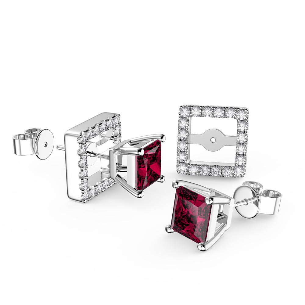 Charisma Princess Ruby and Diamond 18ct White Gold Stud Earrings Halo Jacket Set