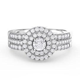 Fusion White Sapphire Halo Platinum plated Silver Half Eternity Promise Ring Set