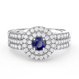 Fusion Sapphire Halo Platinum plated Silver Promise Sapphire Eternity Ring Set