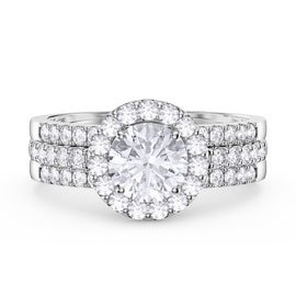 Eternity White Sapphire Halo and Half Eternity Platinum plated Silver Promise Ring Set