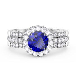 Eternity Sapphire Halo Half Eternity Platinum plated Silver Promise Ring Set