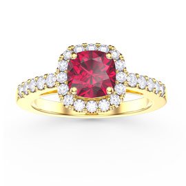 Princess Ruby and Diamond Cushion Cut Halo 18ct Yellow Gold Engagement Ring