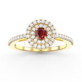 Fusion Ruby Lab Diamond Double Halo 9ct Yellow Gold Proposal Ring