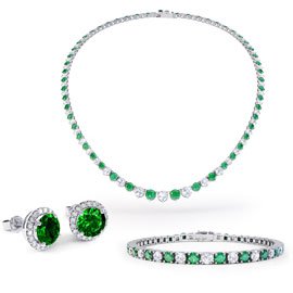 Eternity Emerald Platinum plated Silver Jewellery Set with Necklace